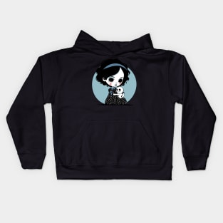 Cure cartoon girl holding a skeleton doll under a crescent moon Kids Hoodie